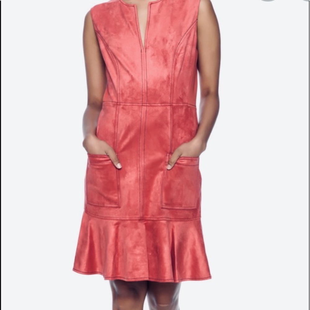 BCBG MaxAzria Gilli Faux Suede Fit & Flare Flounce Dress Size 10 Pomegranate